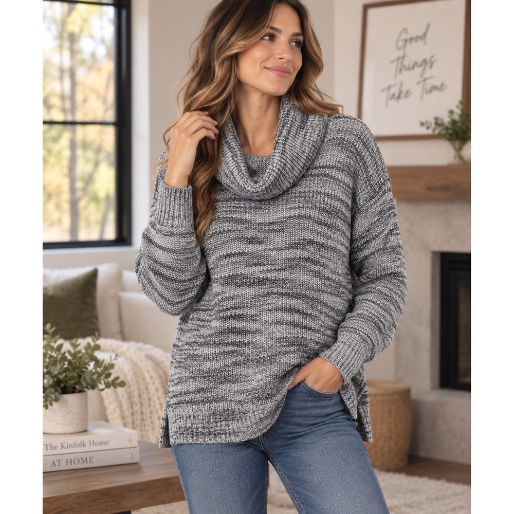 LOFT Womens Small Gray Marled Cowl Neck Tunic Sweater Oversized Soft Cozy Layer